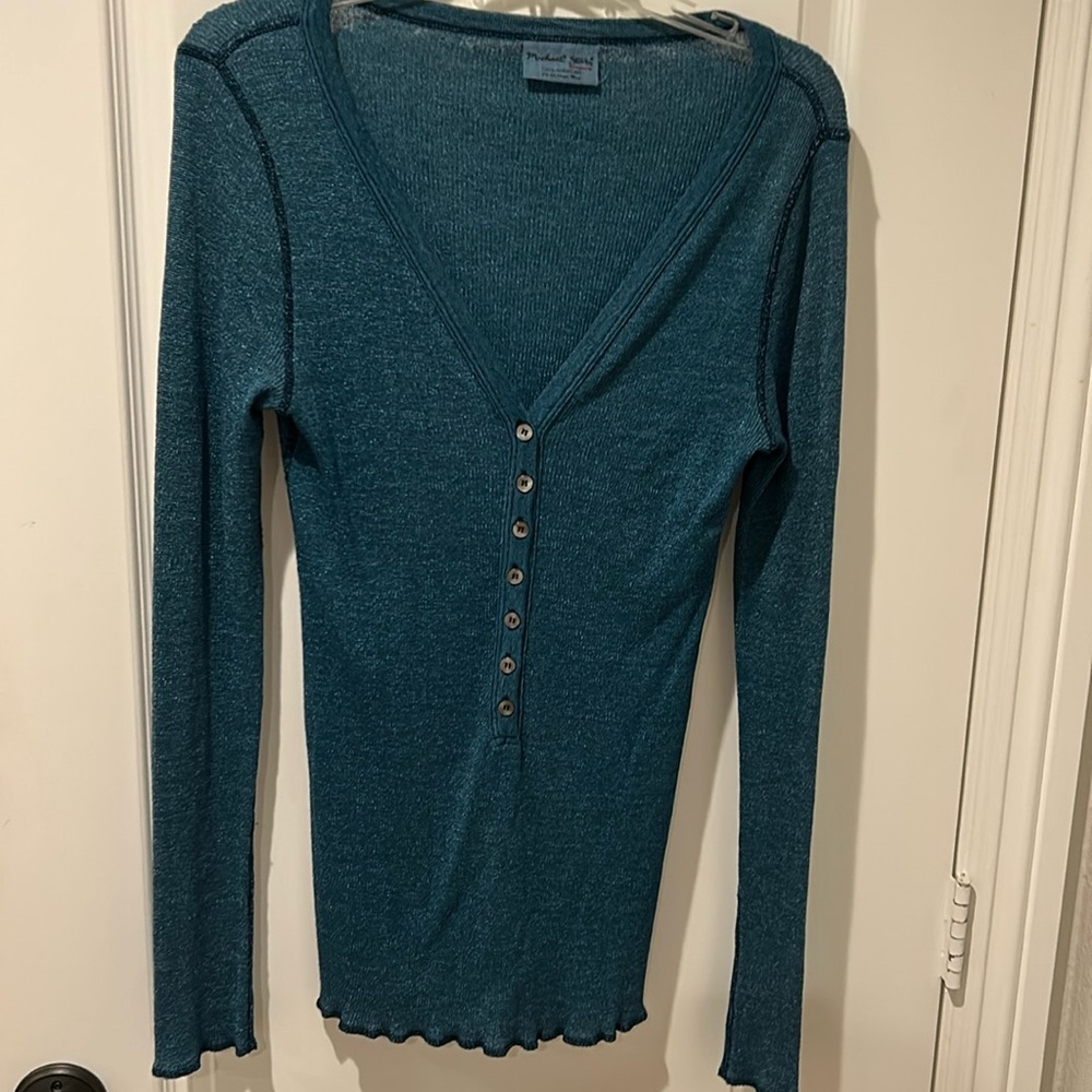 Michael stars long sleeve tshirt in blue jewel tone with slight shimmer